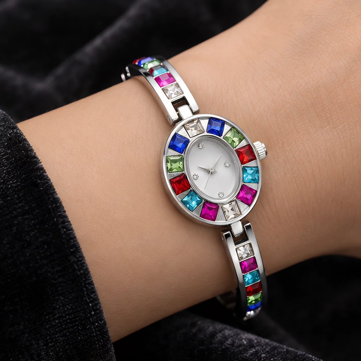 Miravelle Women's Mosaic Crystal Bangle Watch - Silver - Women's Accessories > Watches > Bangle Watches - Eric Muller - Image 1