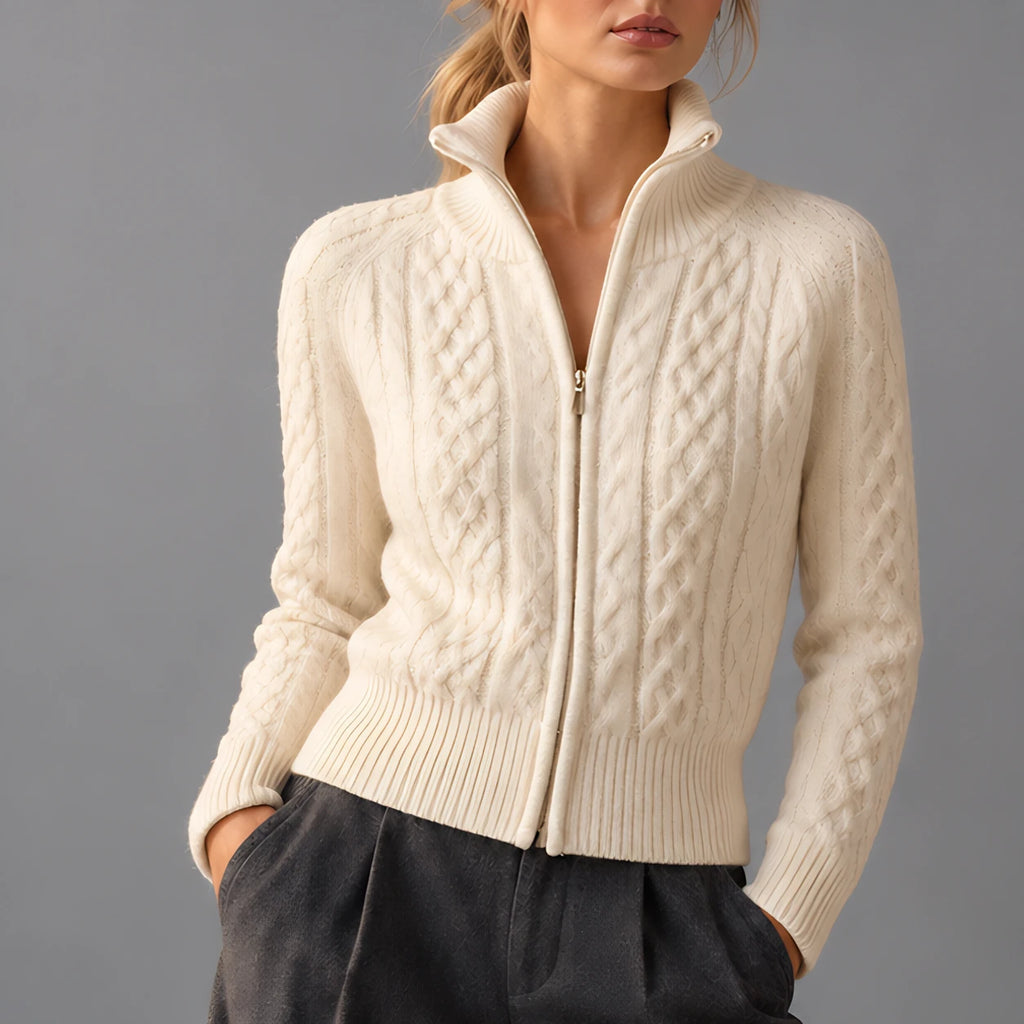 Monica Women's Cable-Knit Funnel-Neck Cardigan - Ivory - Women's Clothing > Knitwear > Cardigans - Eric Muller - Image 1