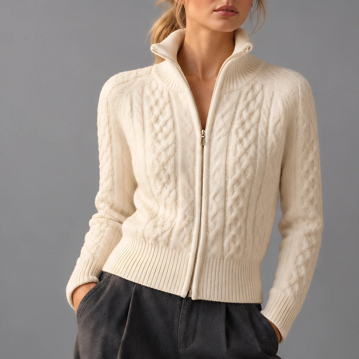 Monica Women's Cable-Knit Funnel-Neck Cardigan - Ivory - Women's Clothing > Knitwear > Cardigans - Eric Muller - Image 1