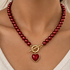 Nadira Polished Pearl Necklace Bracelet Set with Heart Pendants - Red - Jewelry > Jewelry Sets > Necklace & Bracelet Sets - Eric Muller - Image 1