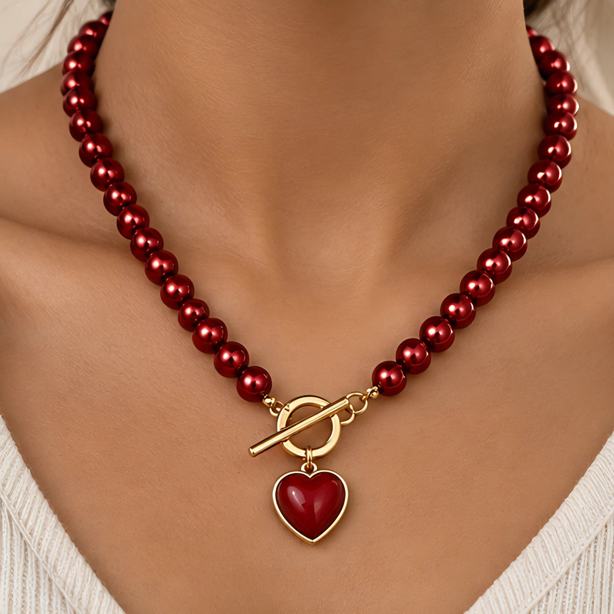 Nadira Polished Pearl Necklace Bracelet Set with Heart Pendants - Red - Jewelry > Jewelry Sets > Necklace & Bracelet Sets - Eric Muller - Image 1