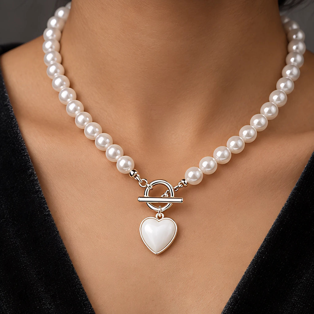 Nadira Polished Pearl Necklace Bracelet Set with Heart Pendants - White - Jewelry > Jewelry Sets > Necklace & Bracelet Sets - Eric Muller - Image 1