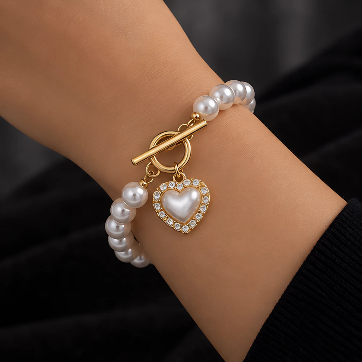Nadira Polished Pearl Necklace Bracelet Set with Heart Pendants - White Diamond - Jewelry > Jewelry Sets > Necklace & Bracelet Sets - Eric Muller - Image 2