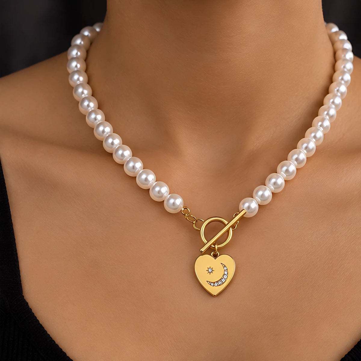 Nadira Polished Pearl Necklace Bracelet Set with Heart Pendants - Heart - Jewelry > Jewelry Sets > Necklace & Bracelet Sets - Eric Muller - Image 1