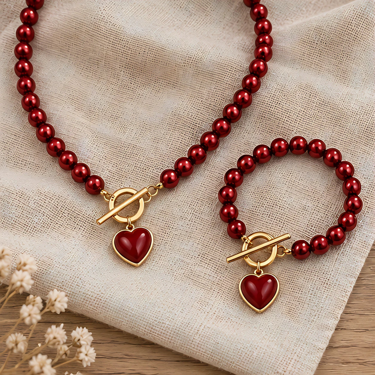 Nadira Polished Pearl Necklace Bracelet Set with Heart Pendants - Red - jewelry set - Eric Muller - Image 3