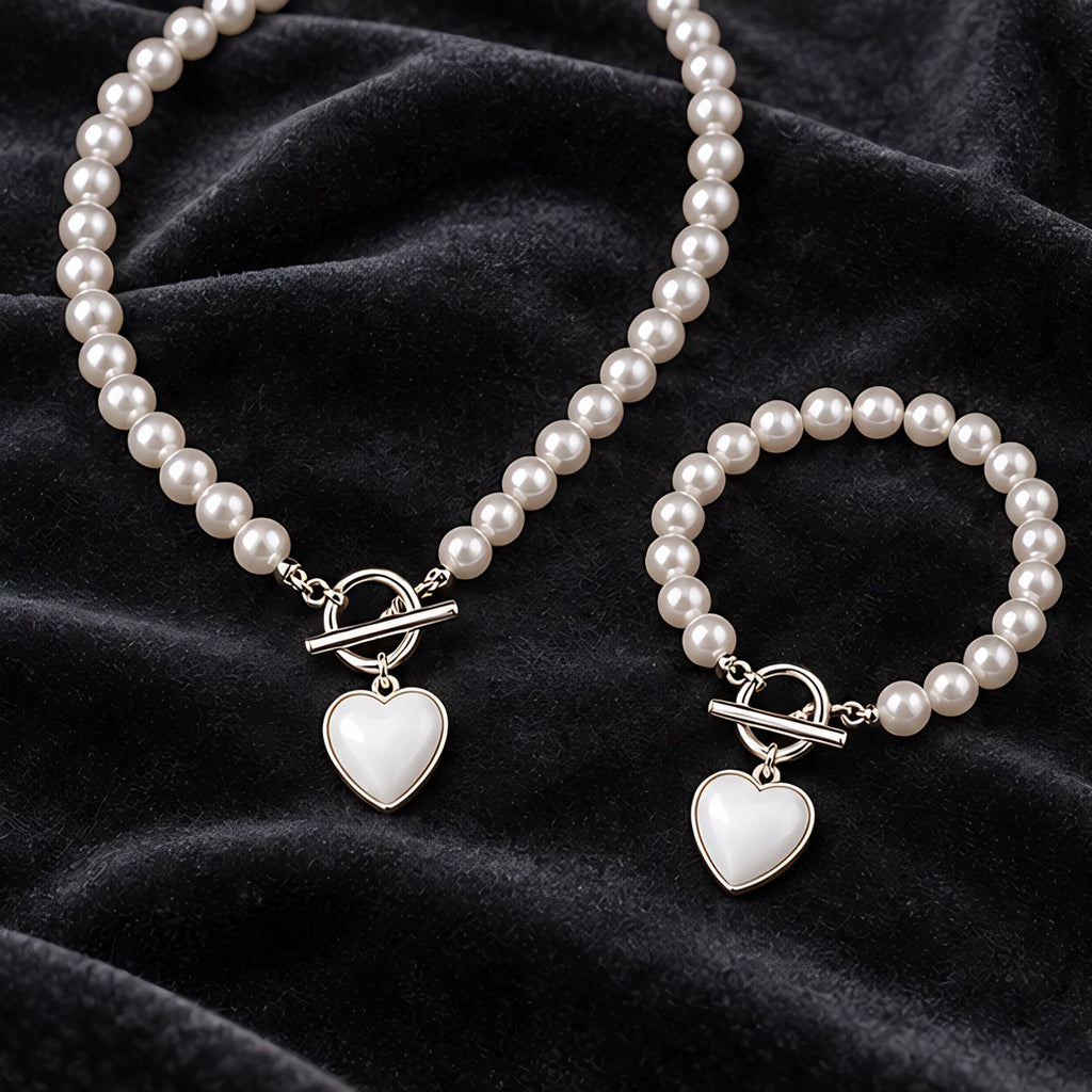 Nadira Polished Pearl Necklace Bracelet Set with Heart Pendants - White - Jewelry > Jewelry Sets > Necklace & Bracelet Sets - Eric Muller - Image 2