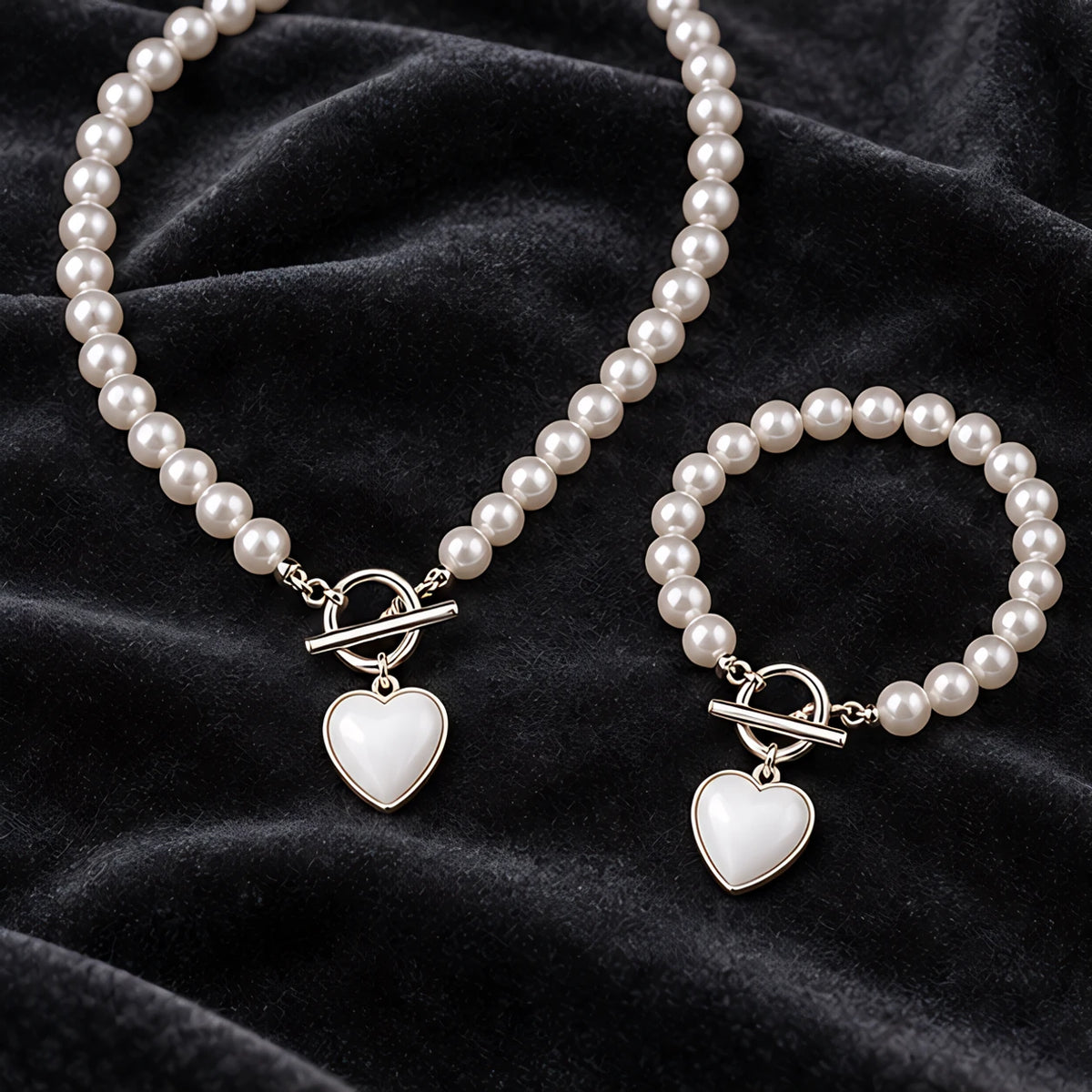 Nadira Polished Pearl Necklace Bracelet Set with Heart Pendants - White - Jewelry > Jewelry Sets > Necklace & Bracelet Sets - Eric Muller - Image 2