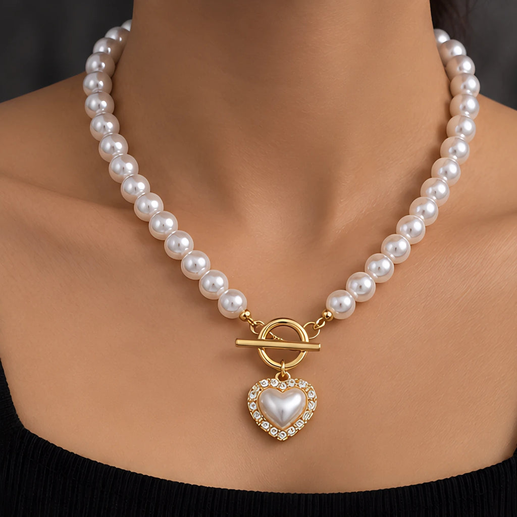 Nadira Polished Pearl Necklace Bracelet Set with Heart Pendants - White Diamond - Jewelry > Jewelry Sets > Necklace & Bracelet Sets - Eric Muller - Image 1