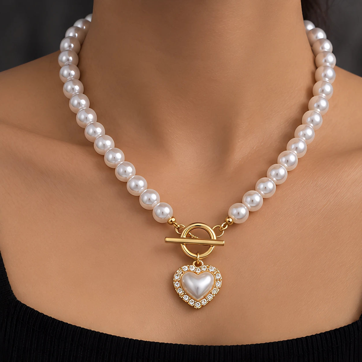 Nadira Polished Pearl Necklace Bracelet Set with Heart Pendants - White Diamond - Jewelry > Jewelry Sets > Necklace & Bracelet Sets - Eric Muller - Image 1