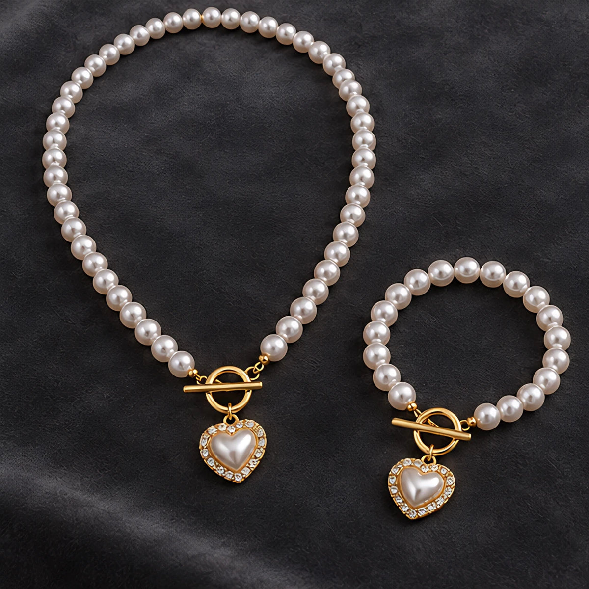 Nadira Polished Pearl Necklace Bracelet Set with Heart Pendants - White Diamond - jewelry set - Eric Muller - Image 3