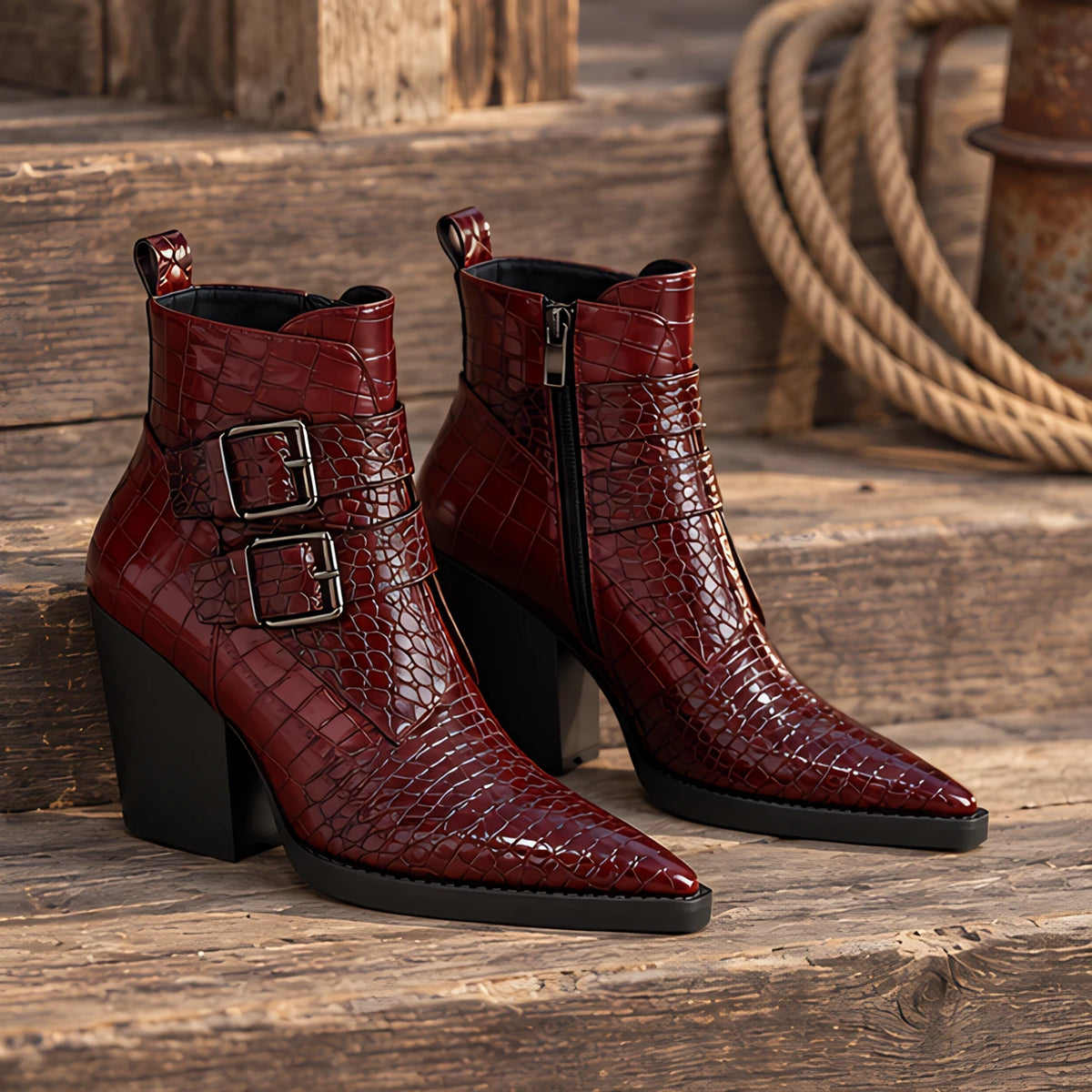 Octavia Women's Double-Buckle Ankle Boots - Wine Red - ankle boots - Eric Muller - Image 2