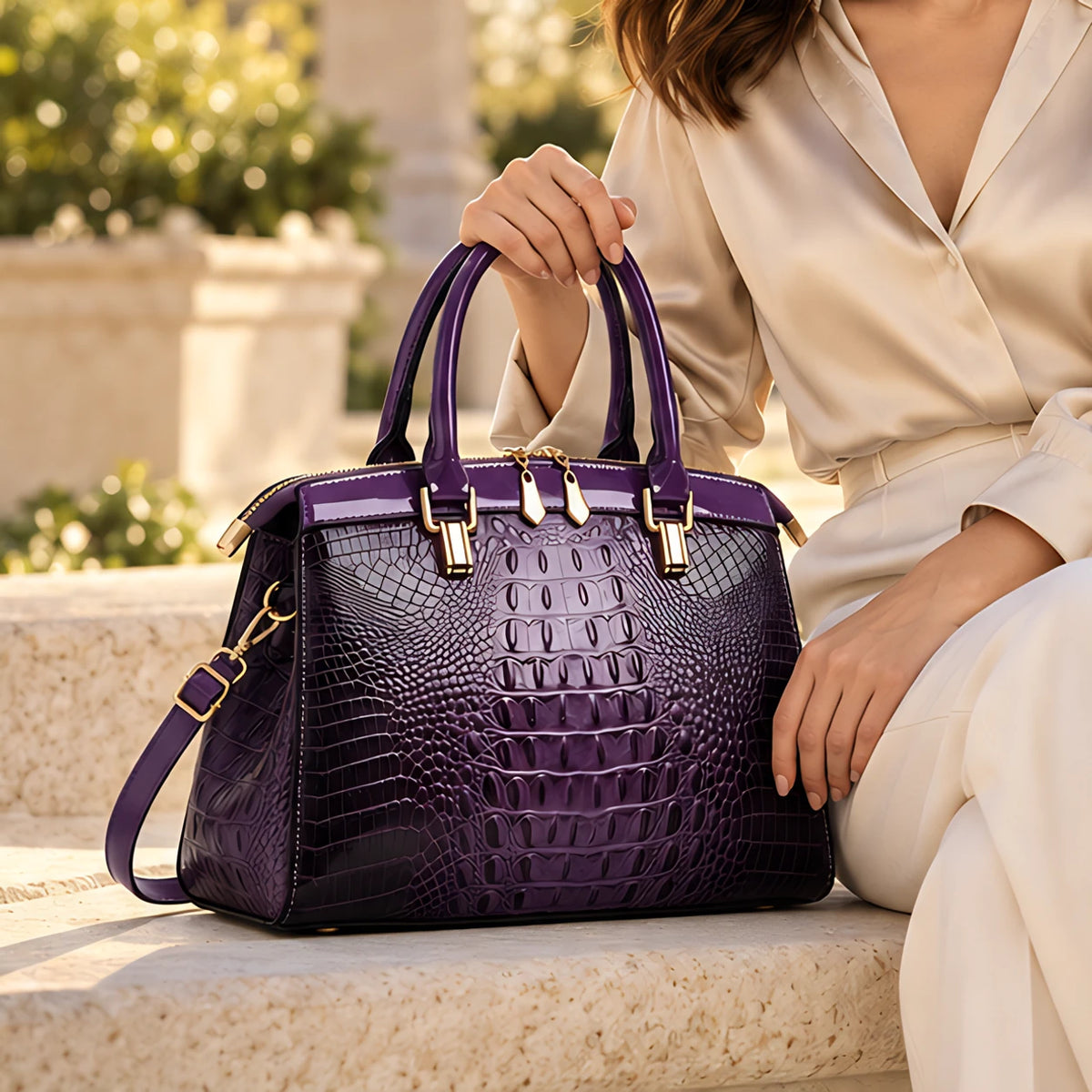 Orabella Women's Structured Croc-Embossed Leather Handbag - Amethyst - unisex - Eric Muller - Image 4