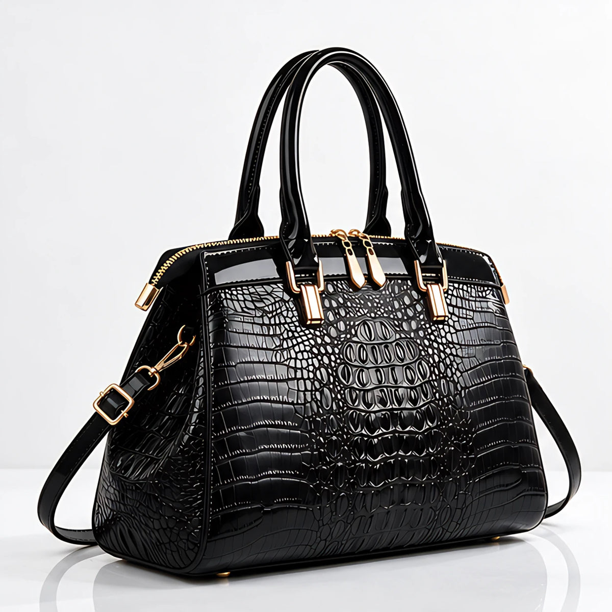 Orabella Women's Structured Croc-Embossed Leather Handbag - Jet - Men's Accessories > Handbags > Structured Handbags - Eric Muller - Image 1