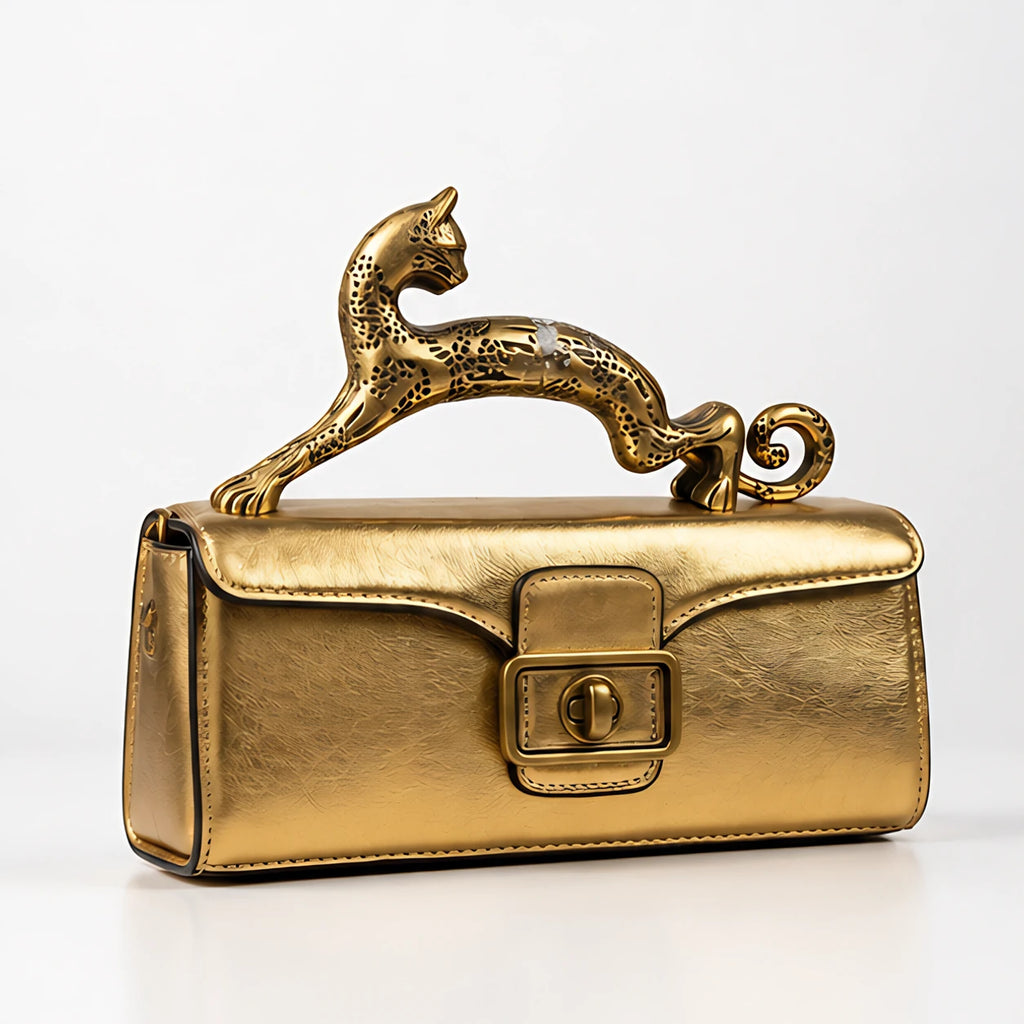 Orlena Women's Structured Croc-Effect Handbag with Brass Leopard Handle - Leopard-Gold - Accessories > Handbags > Top Handle Bags - Eric Muller - Image 1