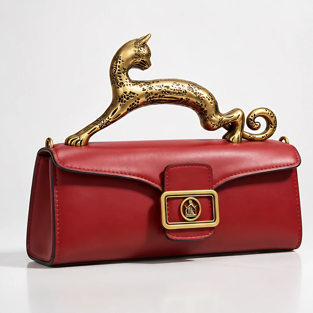 Orlena Women's Structured Croc-Effect Handbag with Brass Leopard Handle - Wine Red - Accessories > Handbags > Top Handle Bags - Eric Muller - Image 1