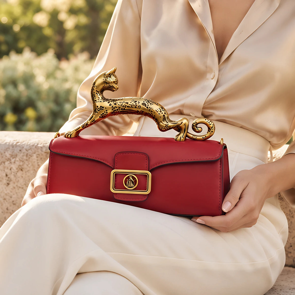 Orlena Women's Structured Croc-Effect Handbag with Brass Leopard Handle - Wine Red - Accessories > Handbags > Top Handle Bags - Eric Muller - Image 2