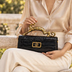 Orlena Women's Structured Croc-Effect Handbag with Brass Leopard Handle - Black - Accessories > Handbags > Top Handle Bags - Eric Muller - Image 2