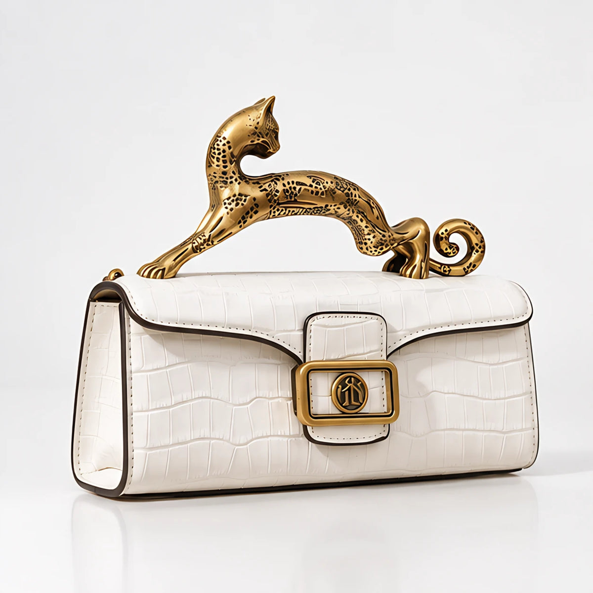 Orlena Women's Structured Croc-Effect Handbag with Brass Leopard Handle - White - Accessories > Handbags > Top Handle Bags - Eric Muller - Image 1