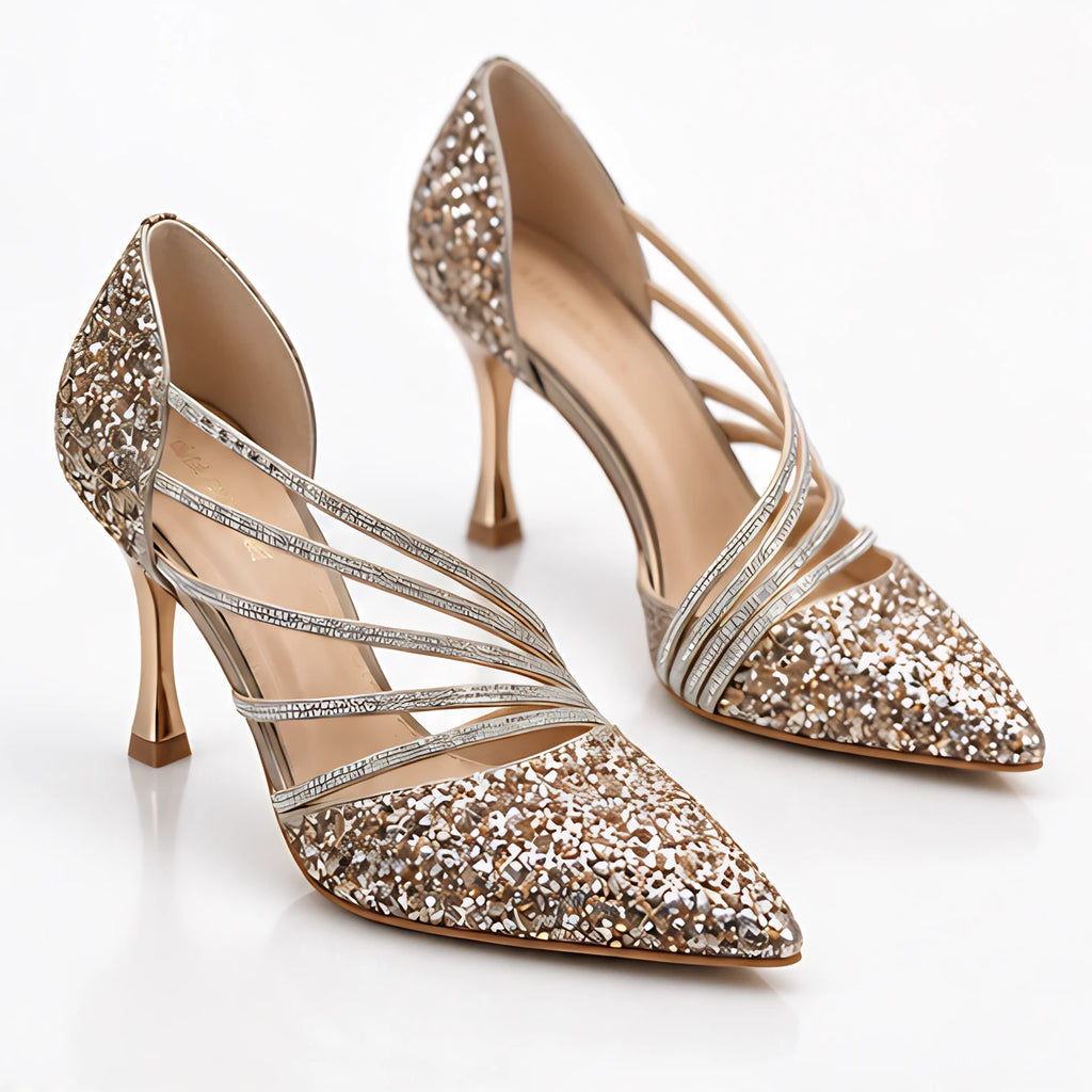 Serilda Women's Crystal Cross-Strap Glitter Stiletto Pumps - Champagne - wap - Eric Muller - Image 2