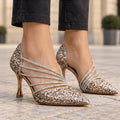 Serilda Women's Crystal Cross-Strap Glitter Stiletto Pumps - Champagne - wapfoot - Eric Muller - Image 3