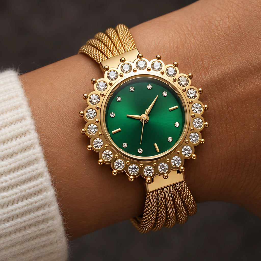 Solenne Women's Crystal Halo Quartz Mesh Watch - Green - Women's Accessories > Watches > Quartz Watches - Eric Muller - Image 1