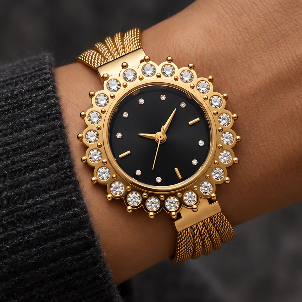 Solenne Women's Crystal Halo Quartz Mesh Watch - Black - Women's Accessories > Watches > Quartz Watches - Eric Muller - Image 1