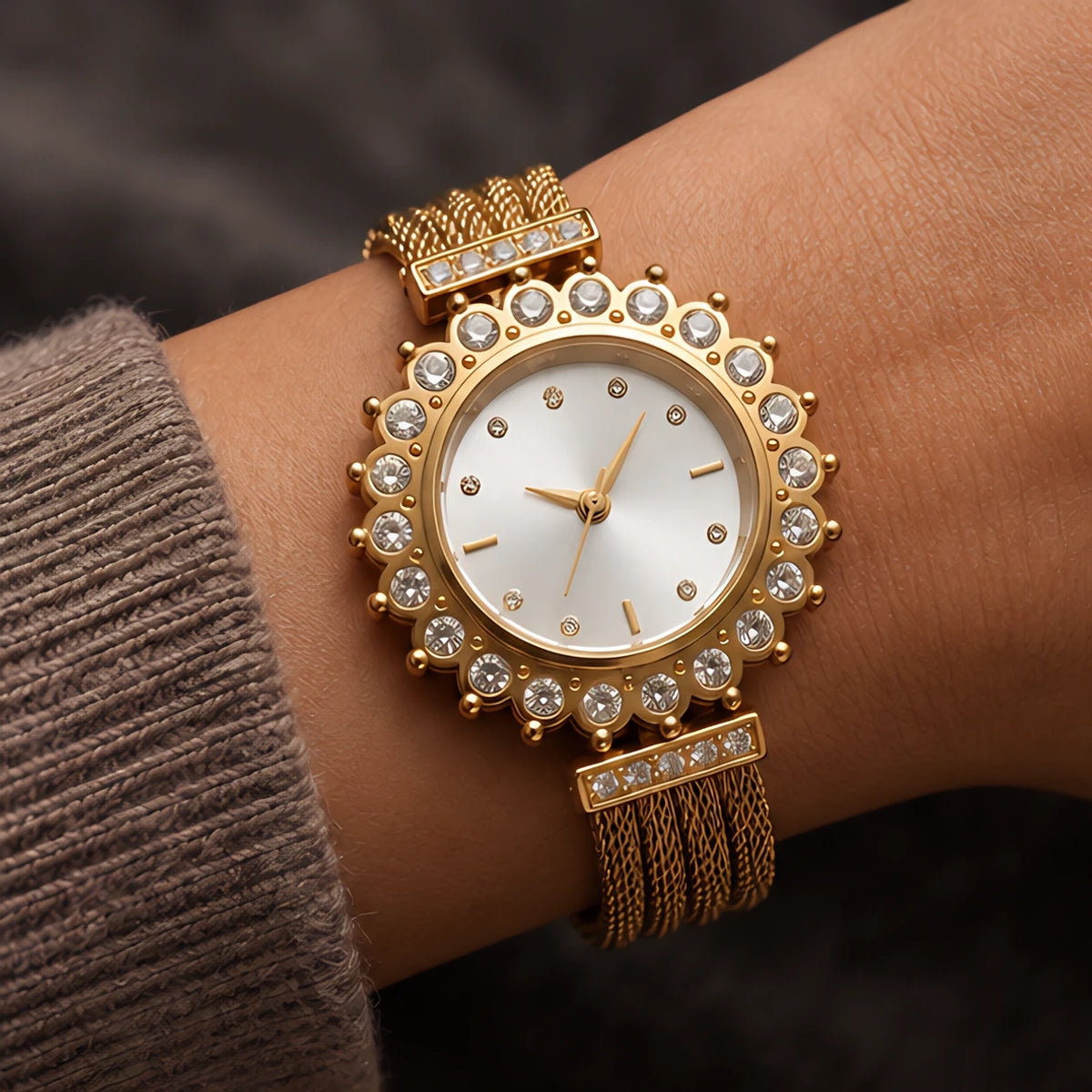 Solenne Women's Crystal Halo Quartz Mesh Watch - White - Women's Accessories > Watches > Quartz Watches - Eric Muller - Image 1