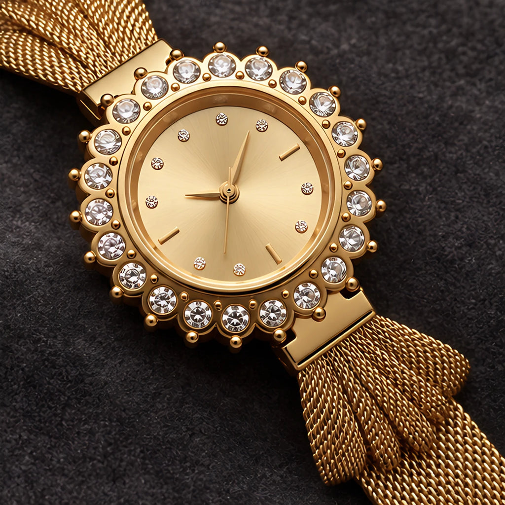 Solenne Women's Crystal Halo Quartz Mesh Watch - Gold - Women's Accessories > Watches > Quartz Watches - Eric Muller - Image 3