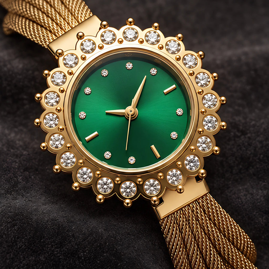 Solenne Women's Crystal Halo Quartz Mesh Watch - Green - Women's Accessories > Watches > Quartz Watches - Eric Muller - Image 3