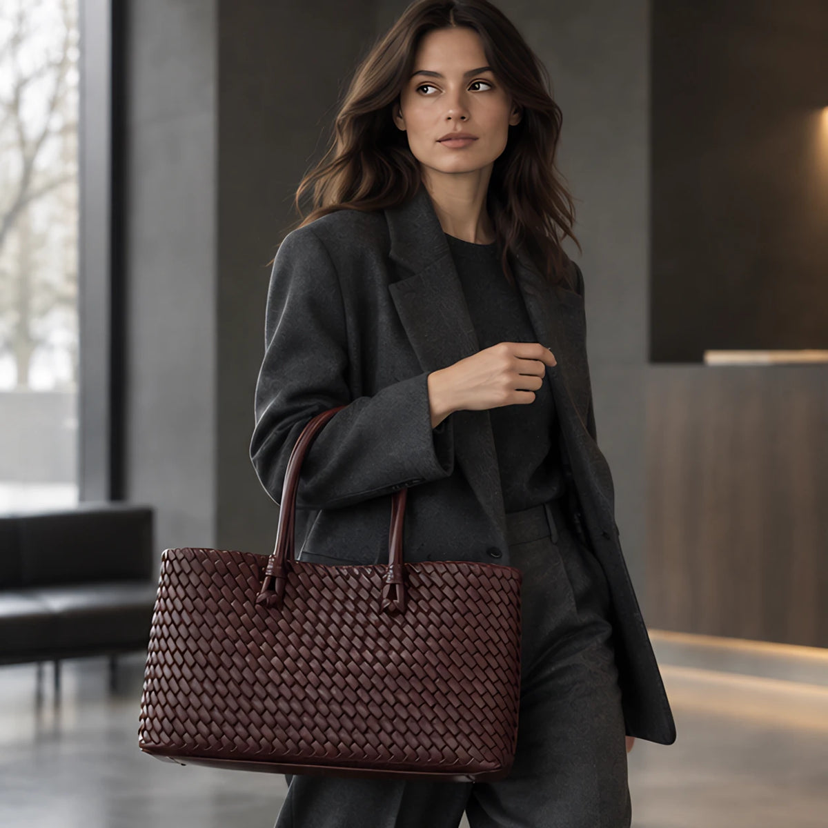 Valora Women's Handwoven Leather Tote Bag with Zipper Pockets - Wine Red - Accessories > Bags > Tote Bags - Eric Muller - Image 1