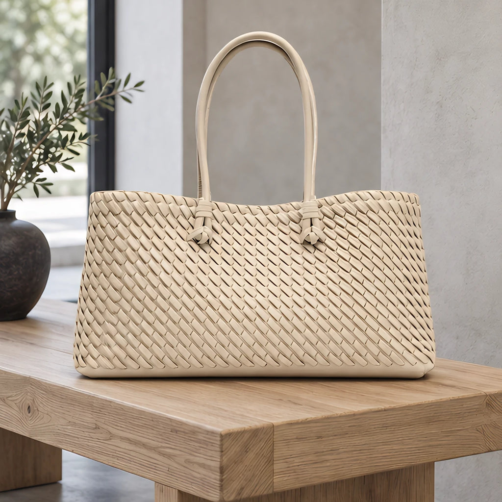 Valora Women's Handwoven Leather Tote Bag with Zipper Pockets - Beige - apparel - Eric Muller - Image 2