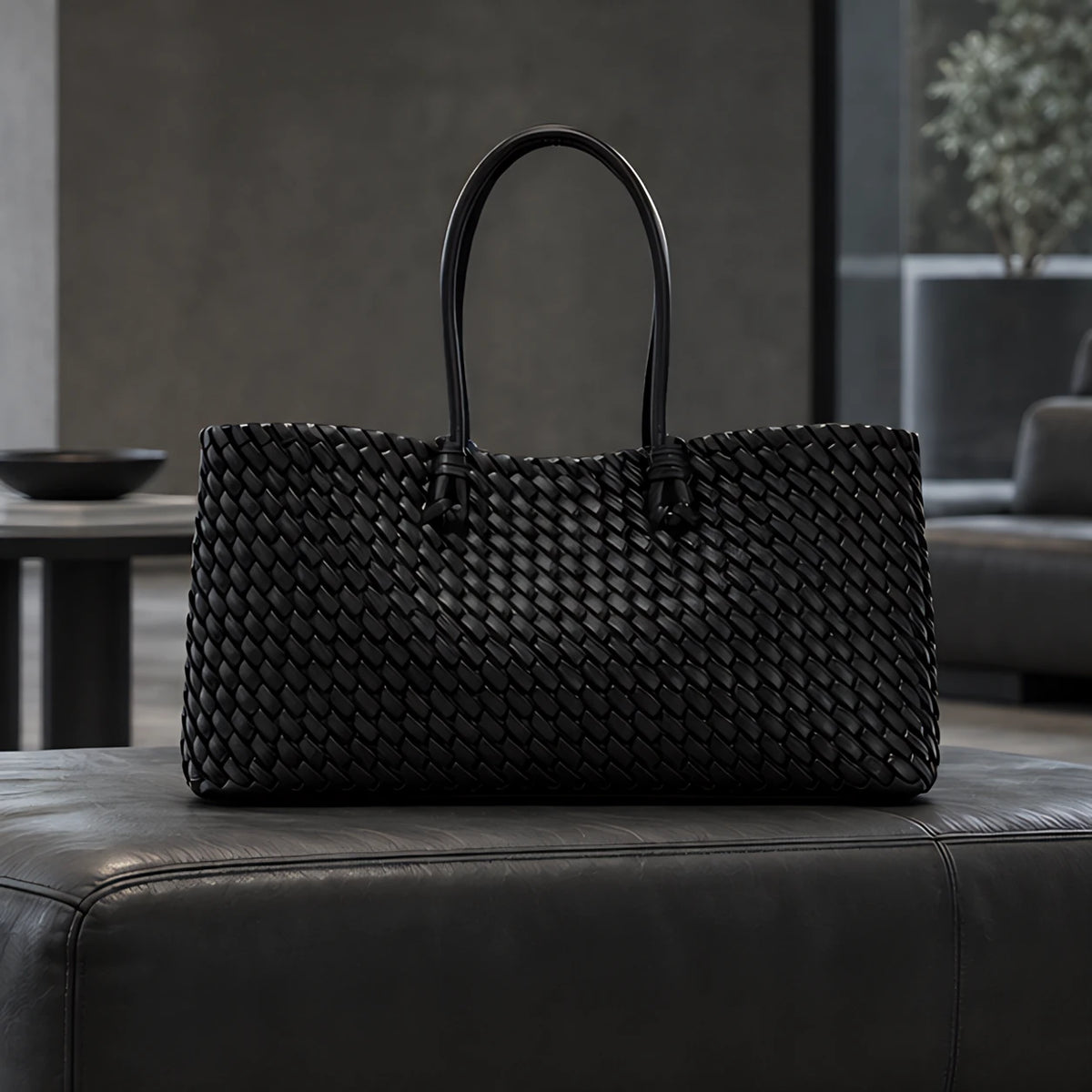 Valora Women's Handwoven Leather Tote Bag with Zipper Pockets - Black - apparel - Eric Muller - Image 2