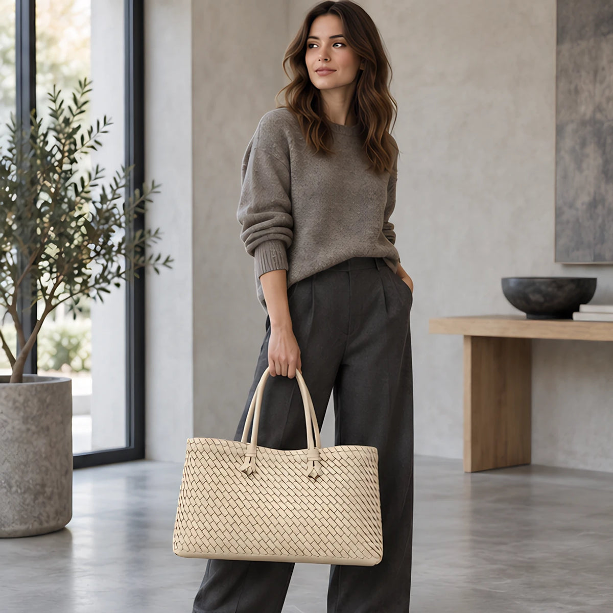 Valora Women's Handwoven Leather Tote Bag with Zipper Pockets - Beige - Accessories > Bags > Tote Bags - Eric Muller - Image 1