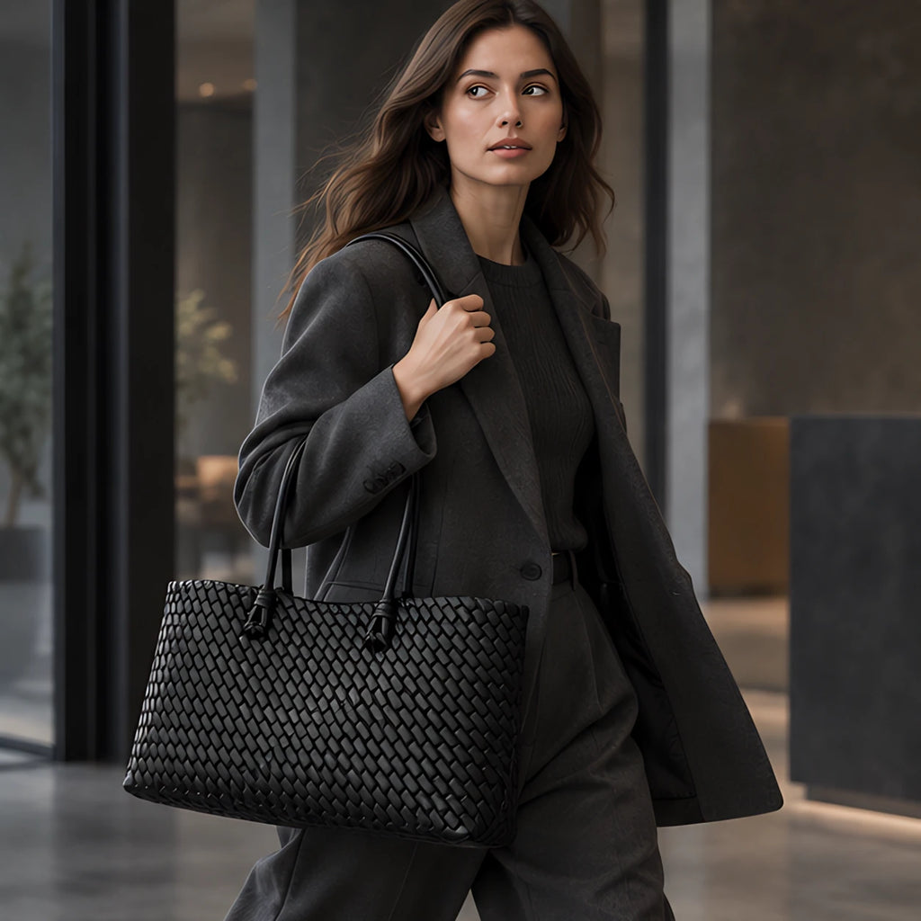 Valora Women's Handwoven Leather Tote Bag with Zipper Pockets - Black - Accessories > Bags > Tote Bags - Eric Muller - Image 1