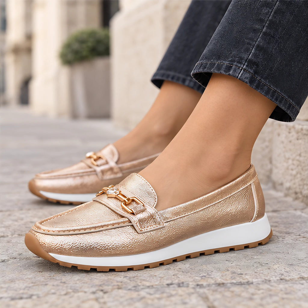 Zorina Women's Metallic Leather Platform Loafers - Champagne - Flats - Eric Muller - Image 4