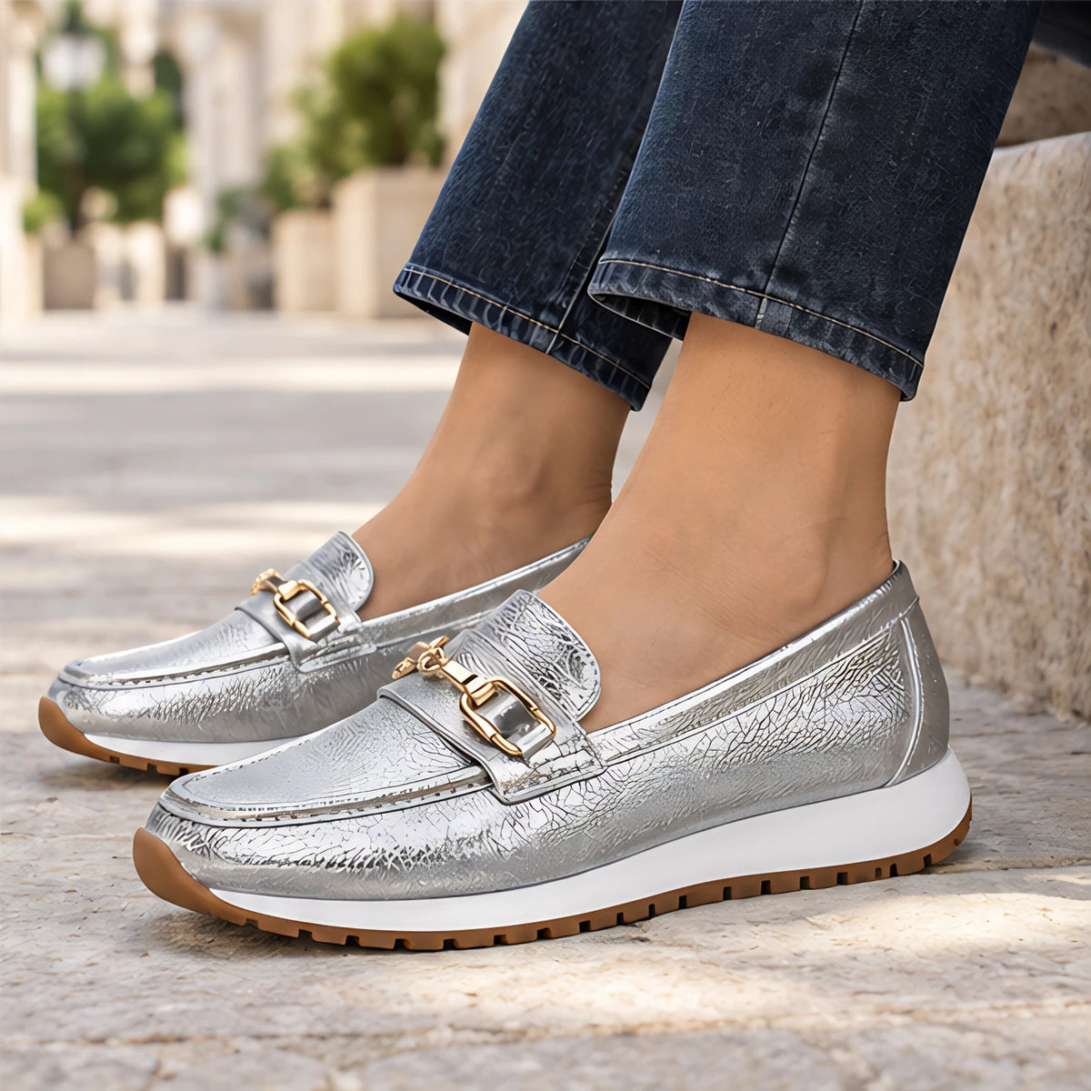 Zorina Women's Metallic Leather Platform Loafers - Silver - Flats - Eric Muller - Image 4