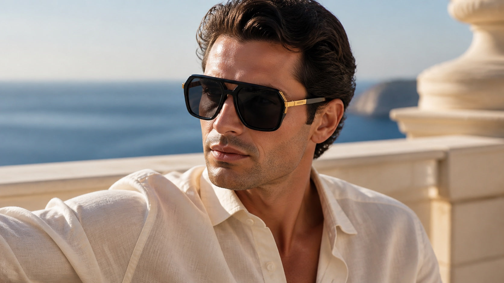 Male model wearing black and gold Eric Muller aviator sunglasses at a Mediterranean villa